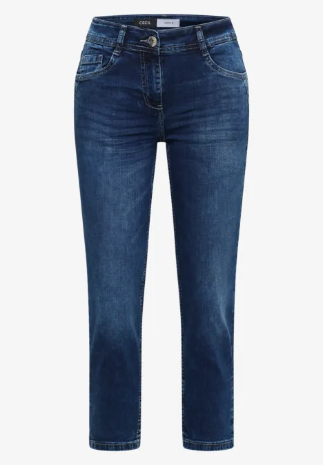 Donkerblauwe damesjeans met hoge taille, rechte pijpen, vijf zakken en riemlussen.