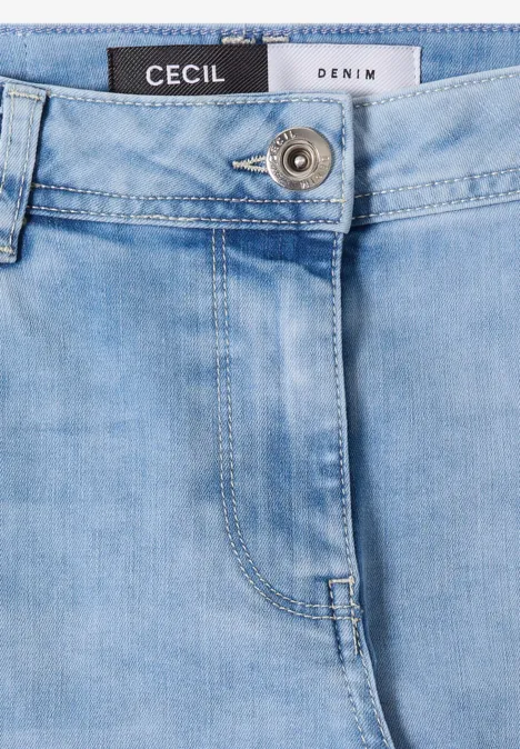7/8 High Waist Jeans im Loose Fit light blue random bleached Helle blaue Denim-Jeans mit sichtbarem Knopf, Reißverschluss und "Cecil Denim"-Label im Bund.