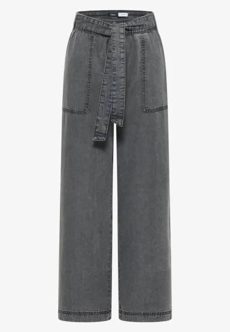 Pantalon à jambes larges avec ceinture à nouer mid grey random wash Pantalon en denim gris, taille haute, jambes larges, poches plaquées et ceinture à nouer