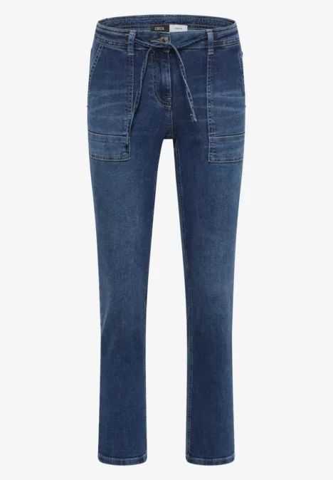 Blaue Jeans mit geradem Bein, hohem Bund und Stoffgürtel