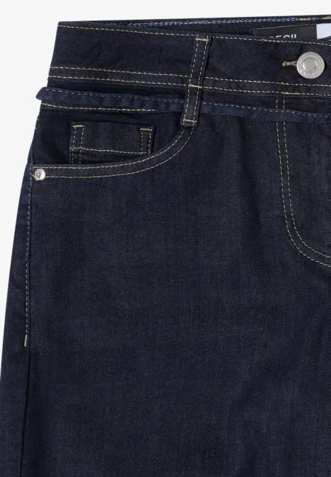 High Waist Wide Leg Jeans im Loose Fit rinsed wash Dunkelblaue Jeans mit sichtbarer Gürtelschlaufe, Münztasche und silbernem Knopf.