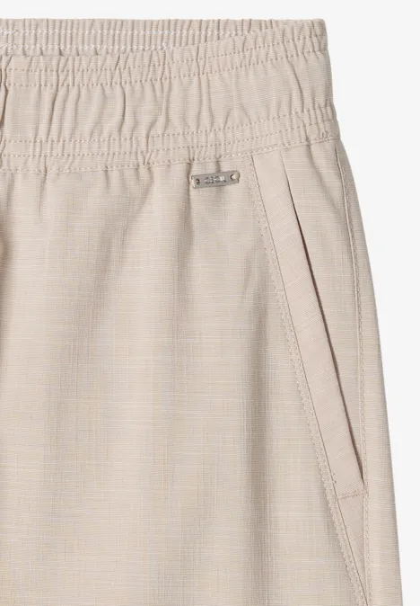 Broek met High Waist en Wide Leg pijpen in een Loose Fit pasvorm cashmere beige melange Close-up van een beige broek met elastische taille en zijvak met rits.
