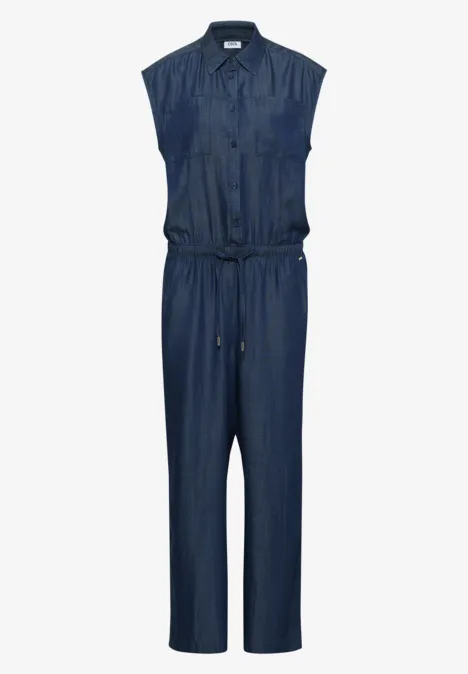Ärmelloser Jeans-Jumpsuit mit losem Sitz und Tunnelzug in dunklem Denim.