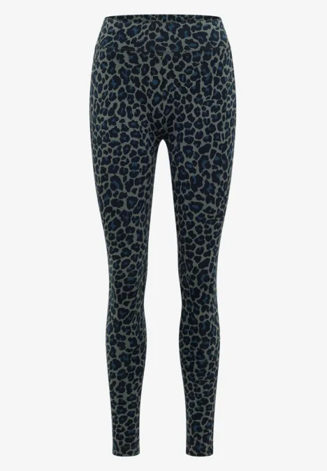 Eng anliegende Leggings mit blauem Leomuster und hohem Bund.