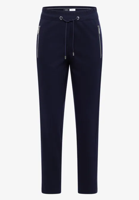 Pantalon taille mi-haute, coupe Slim Leg et style décontracté urban dark blue Dunkelblaue Freizeithose mit Tunnelzugbund und seitlichen Reißverschlusstaschen.