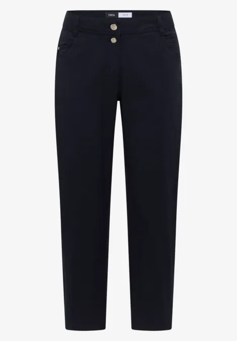 Dunkelblaue, schmal geschnittene Damenhose mit zwei Knöpfen und Seitentaschen.