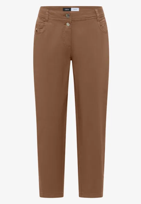 Mid Waist Barrel Leg Hose im Casual Fit creamy mocha Braune Damenhose in schmaler Passform mit geradem Bein und Knopfverschluss.