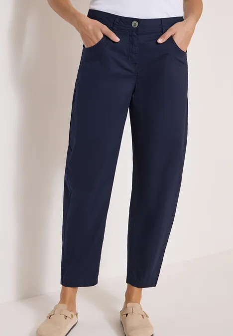 Dunkelblaue, lässige Damenhose mit lockerer Passform, Knopfverschluss, seitlichen Taschen, knöchellang