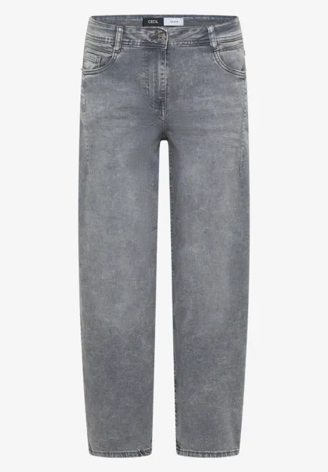 Graue Jeans mit geradem Schnitt, hoher Taille und fünf Taschen.