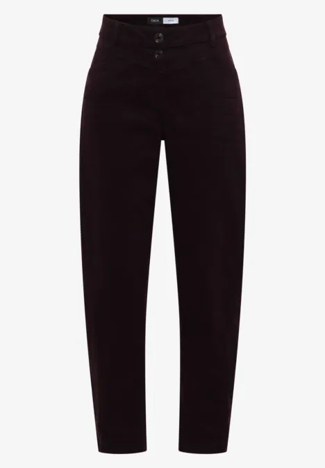 Hoch geschnittene, dunkelbraune Cordhose mit geradem Bein