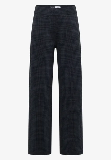 Dunkelblaue Karottenhose mit dezentem Karomuster, weitem Bein und komfortablem Bund