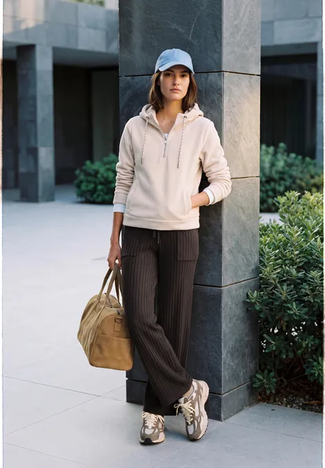 Une femme en tenue décontractée (casquette, sweat, pantalon ample, baskets) appuyée contre une colonne, sac en toile à la main.