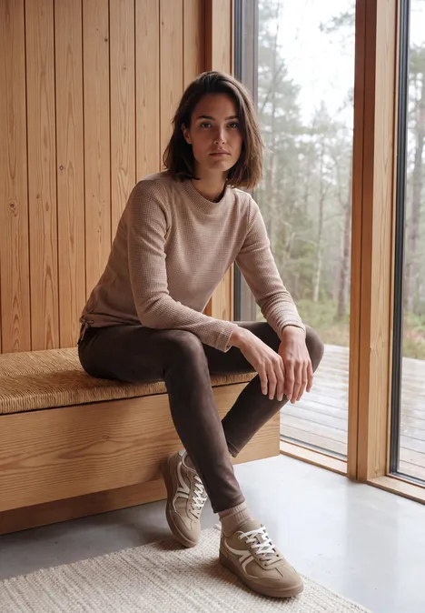 Frau in legerer Kleidung sitzt in modernem Holzinterieur vor großem Fenster mit Blick ins Grüne.
