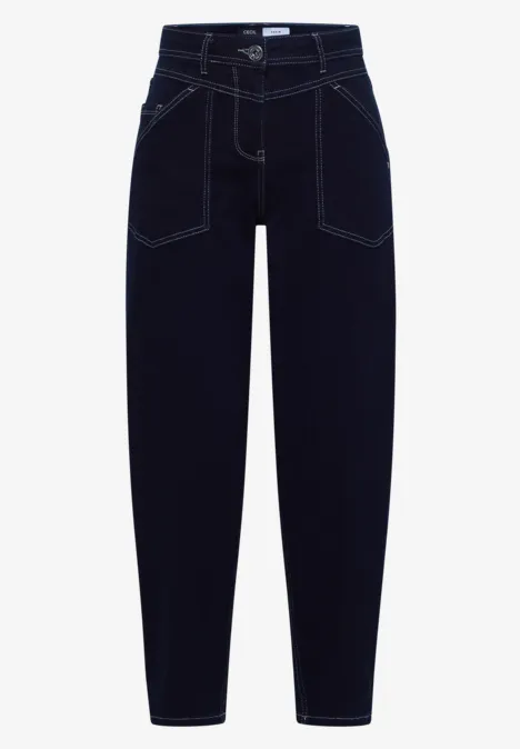 Dunkelblaue Jeanshose mit weißer Steppnaht und hoher Taille
