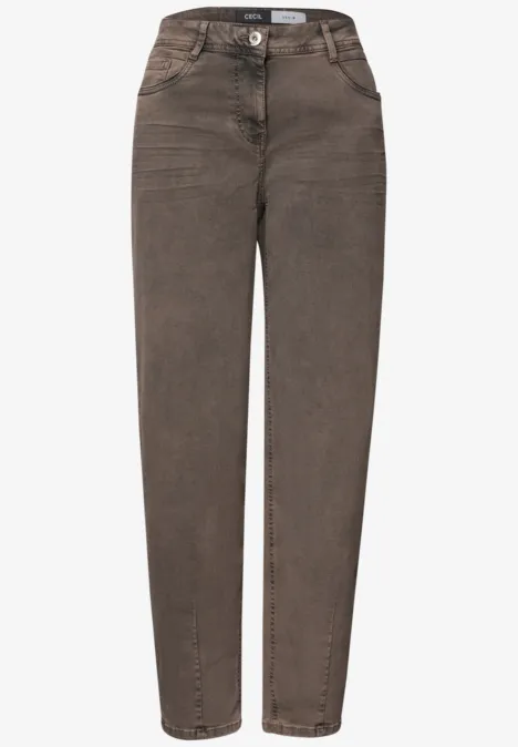 Bruine jeans met hoge taille, rechte pijpen, knoopsluiting en steekzakken