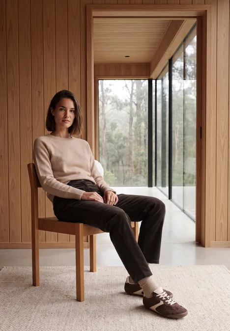 Eine Frau sitzt in minimalistischem Holzinterieur auf einem Stuhl vor großen Fenstern