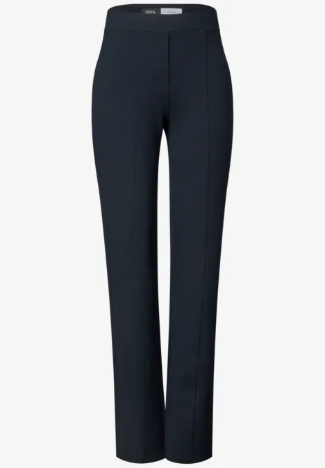 Pantalon noir pour femme, coupe droite en tissu fin et lisse.