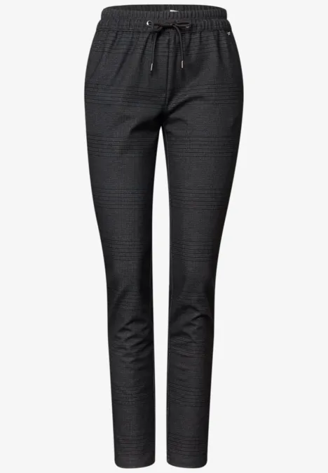 Mid Waist Slim Leg Hose im Casual Fit truffle brown Schmale dunkelgraue Hose mit elastischem Bund, Tunnelzug und feinem Karomuster.