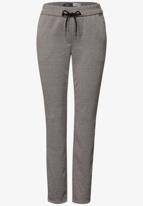 Slim Leg Hose mit Houndstooth-Muster cashmere beige Damenhose mit Hahnentritt-Muster, geradem Schnitt und schwarzem Tunnelzug.