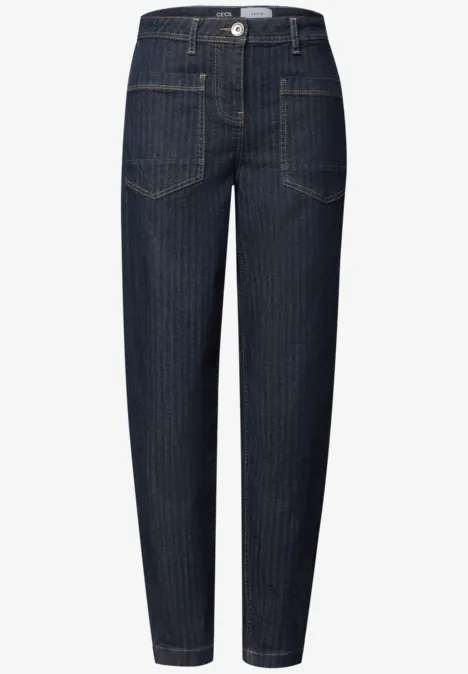 High Waist Barrel Leg Jeansim Loose Fit rinsed wash Dunkelblaue Jeanshose mit dezenten Nadelstreifen und geradem Schnitt.