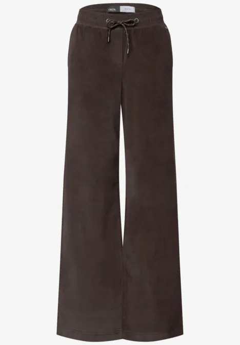 Pantalon marron en velours côtelé, coupe large et cordon de serrage à la taille.