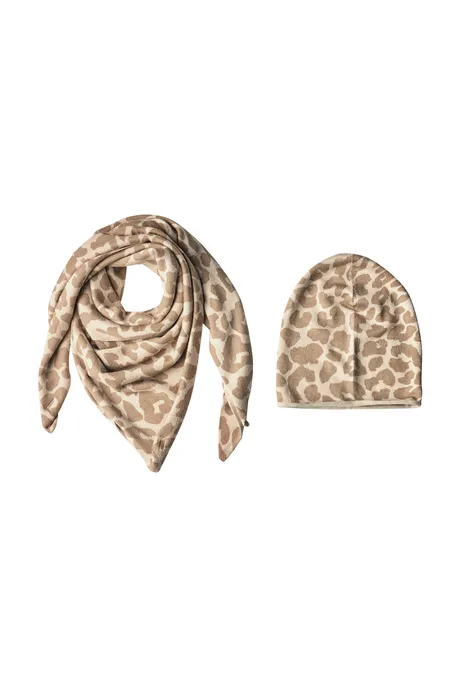 Bonnet à motif léopard et bord roulé powder beige