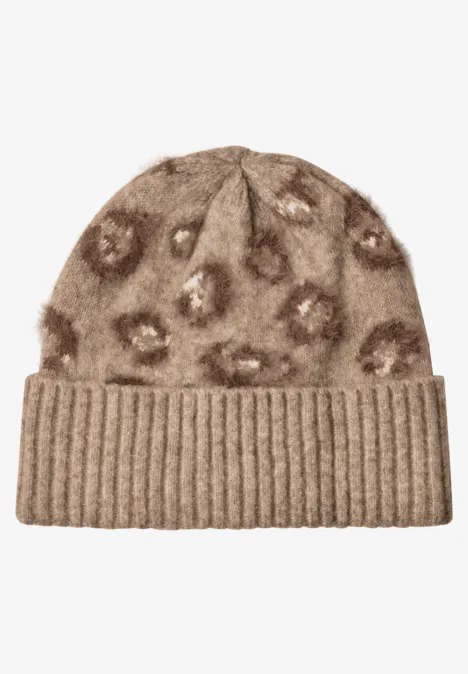 Federgarn Beanie mit Leo-Muster creamy mocha melange