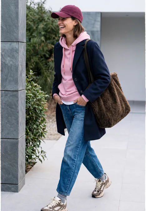 Shopper chocolate sauce brown Frau in pinkem Hoodie, dunkelblauer Jacke, Jeans und Sneakern läuft mit großer Tasche und Cap.