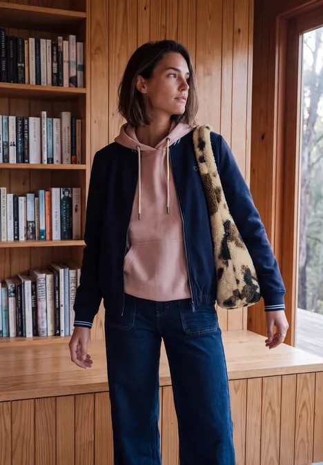 Frau in Hoodie und Jeans mit bedruckter Tasche steht in einem Raum mit Holzwänden und Bücherregal.