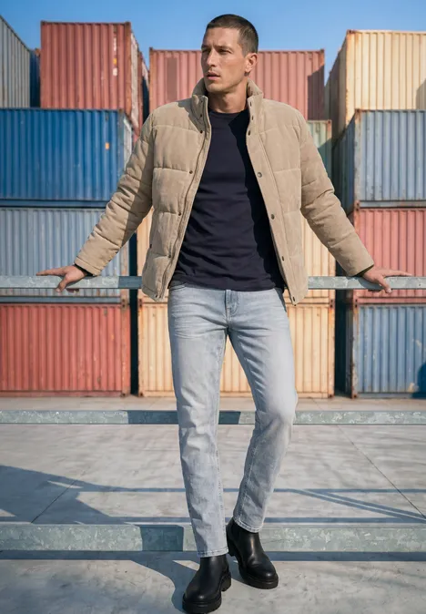 Ein Mann in einer beigen Steppjacke lehnt lässig an einem Geländer vor bunten Frachtcontainern.