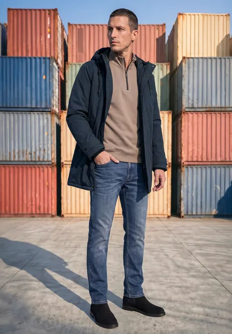 Parka à fermeture éclair dissimulée shadow blue Ein Mann in Jeans, Jacke und Stiefeln steht vor bunten Lagercontainern.