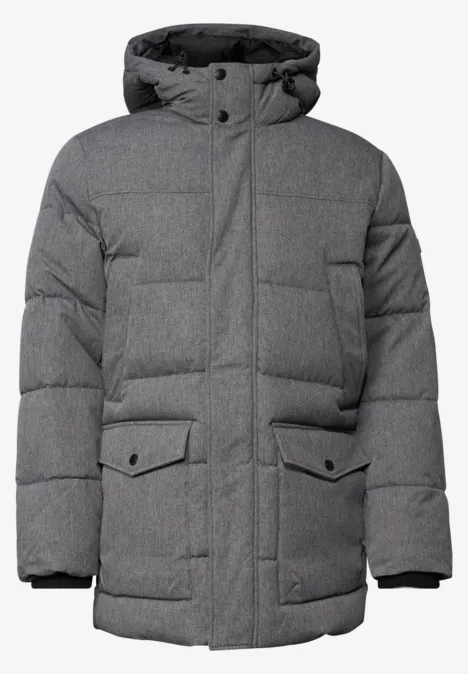 Graue, wattierte Winterjacke mit Kapuze, Fronttaschen und durchgehendem Reißverschluss.