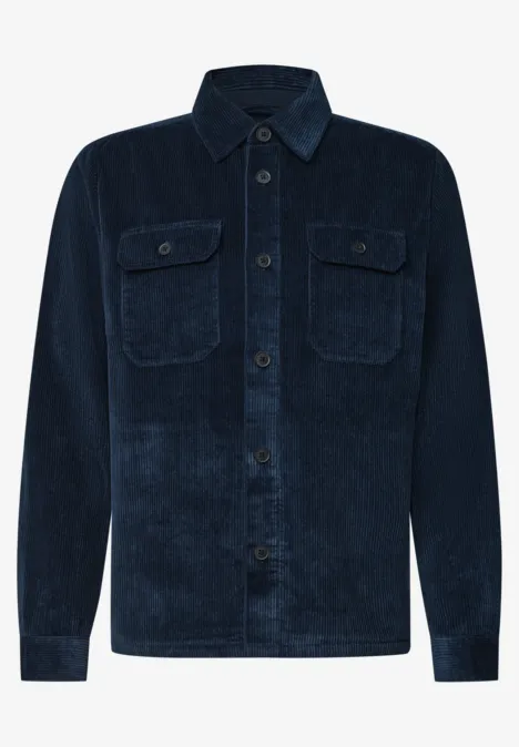 Chemise-overshirt en velours côtelé bleu foncé avec boutons et poches poitrine.