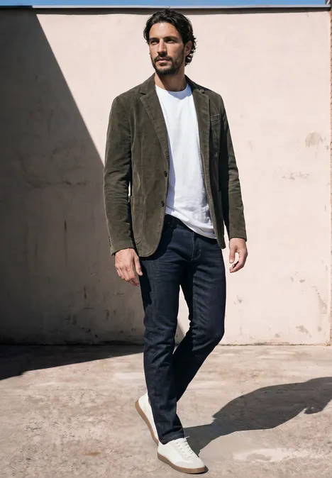 Ein Mann in olivgrünem Cordblazer, weißem T-Shirt, dunkler Hose und weißen Slippern vor einer sonnigen Wand.