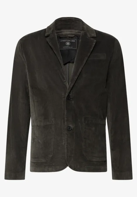 Dunkelgrüner Cord-Blazer mit Reverskragen, zwei Knöpfen und aufgesetzten Taschen.