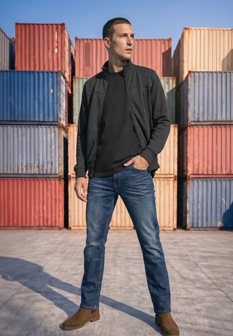 Ein Mann steht vor bunten Frachtcontainern, trägt Jeans, schwarze Jacke und Wildlederstiefel auf einer Betonfläche.