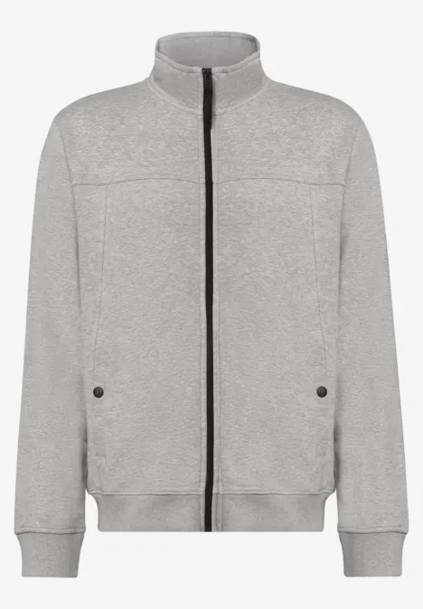 Hellgraue Fleecejacke mit durchgehendem Reißverschluss, Stehkragen, Eingrifftaschen und Rippbündchen