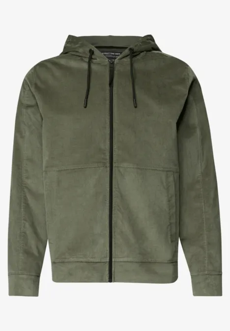 Olivgrüner Kapuzenpullover mit durchgehendem Reißverschluss, Kängurutaschen und gemütlicher Passform.