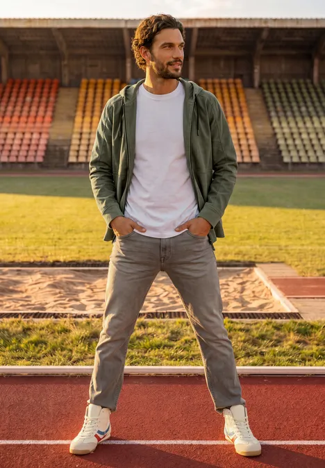 Ein Mann in Jacke und T-Shirt steht entspannt auf einer Laufbahn vor leeren Tribünen im Stadion.