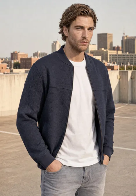 Blouson à structure 3D et fermeture zip dark ink blue Mann in dunkelblauer Bomberjacke und weißem T-Shirt auf einem Parkdeck mit Stadtkulisse.