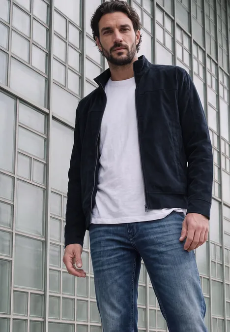 Ein bärtiger Mann steht vor einer Glasbausteinwand, trägt T-Shirt, Jeans und eine dunkle Jacke.