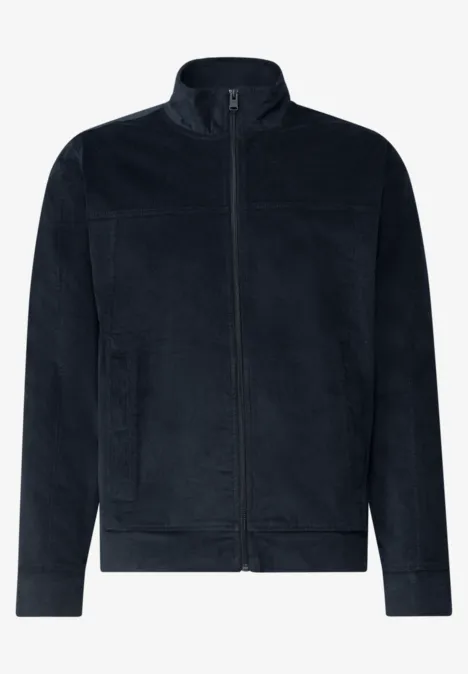 Dunkelblaue Fleecejacke mit durchgehendem Reißverschluss, Stehkragen und praktischen Seitentaschen.