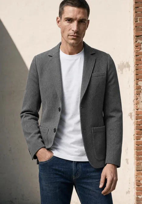 Ein Mann trägt grauen Sakko, weißes T-Shirt und Jeans, steht vor einer Wand aus Putz und Backstein.