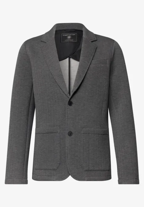 Grauer Herren-Blazer mit zwei Knöpfen, Reverskragen und aufgesetzten Taschen, zeitloses Design.