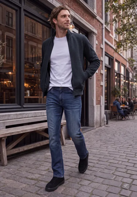 Un homme en jeans et t-shirt blanc porte une veste décontractée en marchant sur une rue pavée bordée de cafés.