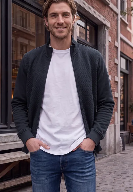 Un homme souriant en jean, t-shirt blanc et veste noire se tient détendu dans une rue pavée.