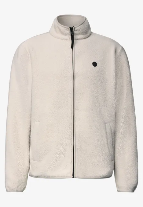 Veste en peluche avec col montant et fermeture à zip classic beige Veste polaire blanche zippée, col montant, poches latérales et petit logo rond sur la poitrine.