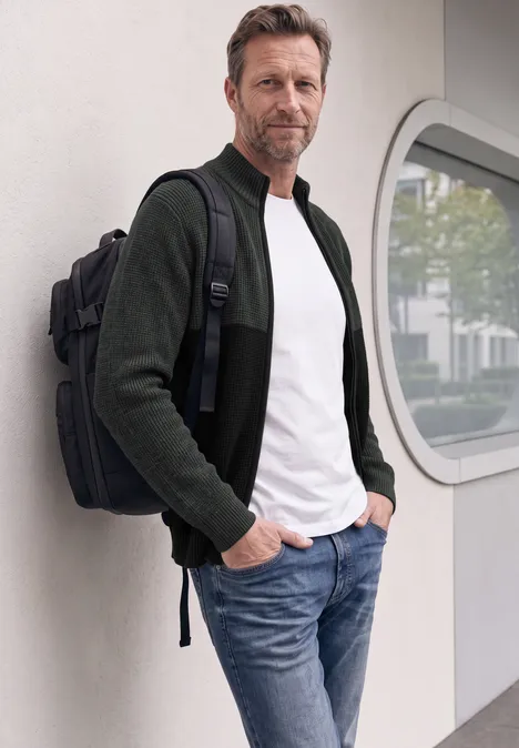 Ein Mann in weißem T-Shirt, dunkler Jacke und Jeans mit Rucksack lehnt an einer weißen Wand.