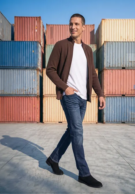 Ein Mann in Jeans, weißem T-Shirt und brauner Jacke geht vor bunten Containern spazieren.