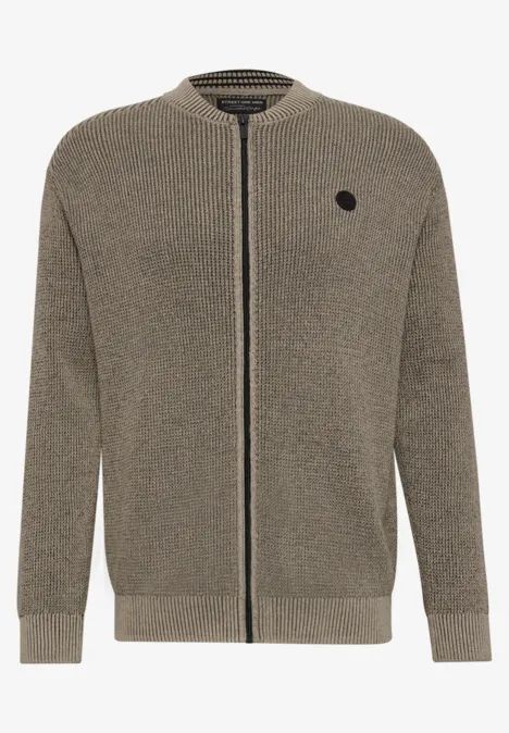 Gilet zippé en maille taupe, col rond et petit logo discret sur la poitrine